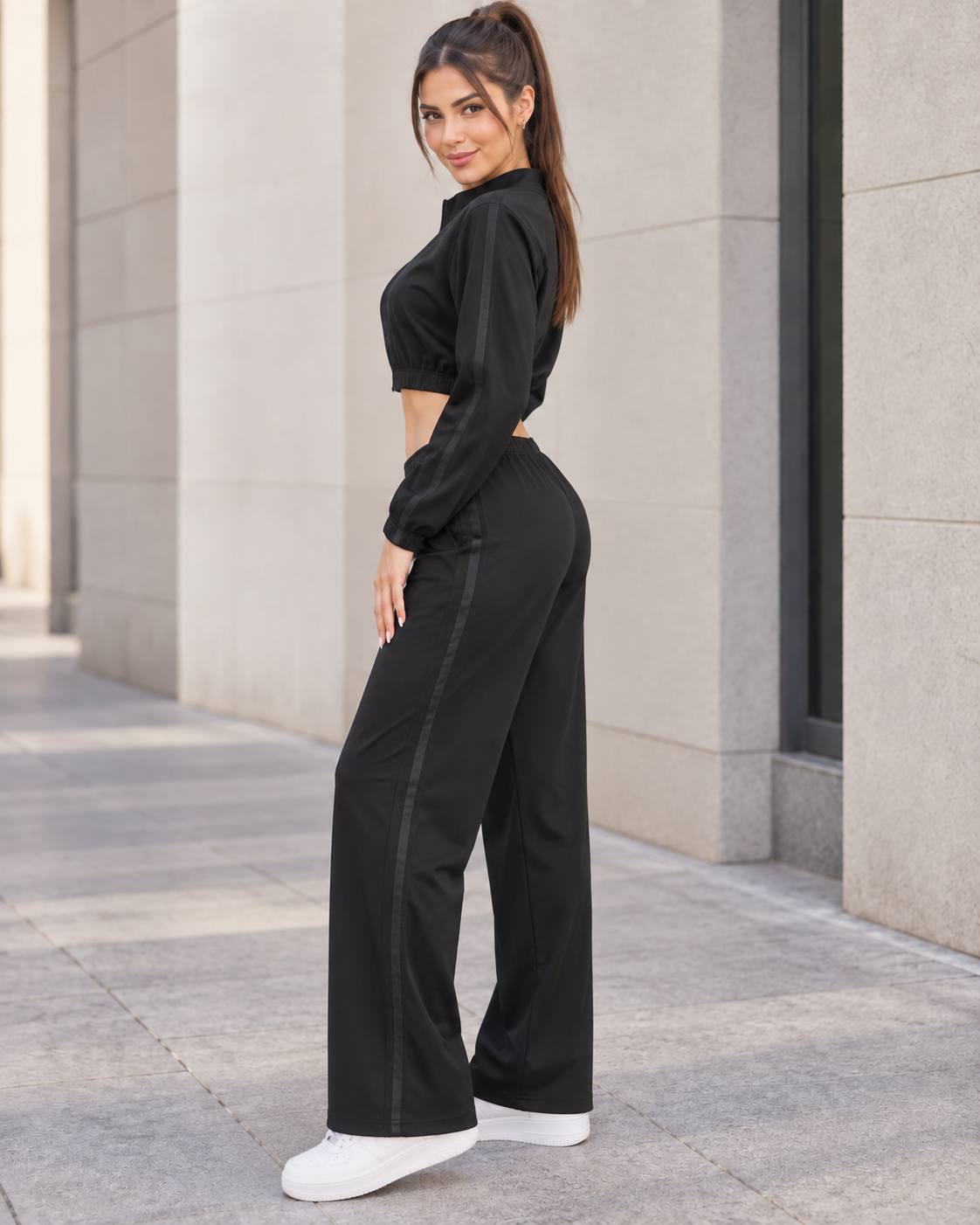 Conjunto Deportivo Mujer Palazzo con Bolsillos Chaqueta Crop - LQ1012