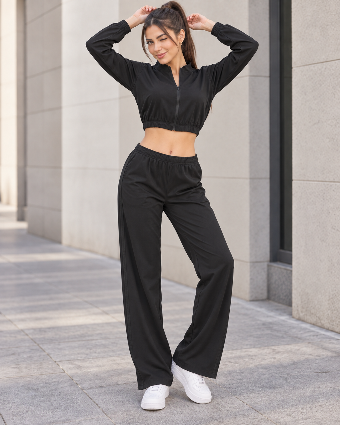 Conjunto Deportivo Mujer Palazzo con Bolsillos Chaqueta Crop - LQ1012