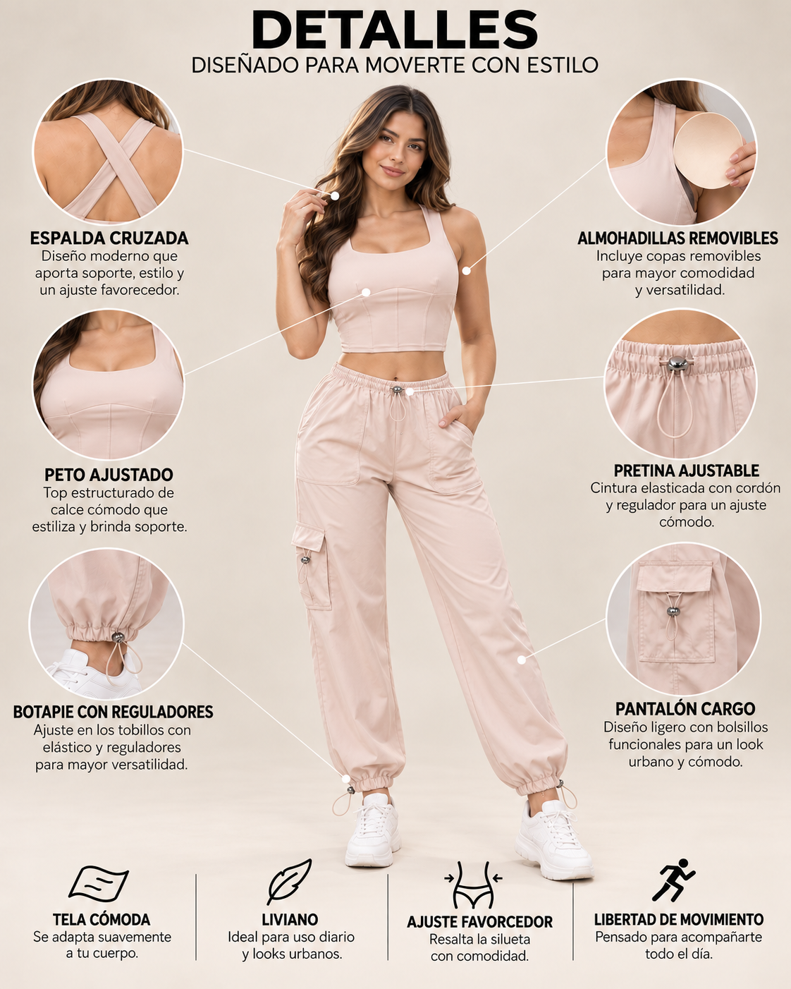 Conjunto Mujer Top Ajustado y Pantalón Cargo con Cordón - LQ1042