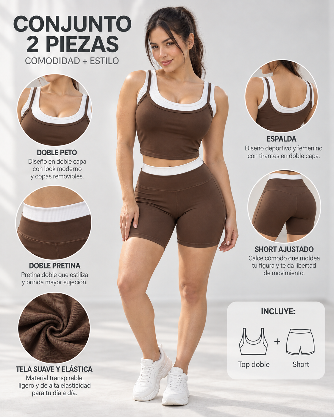 Set Deportivo Mujer Short Cintura Alta con Doble Top Peto - YJ358