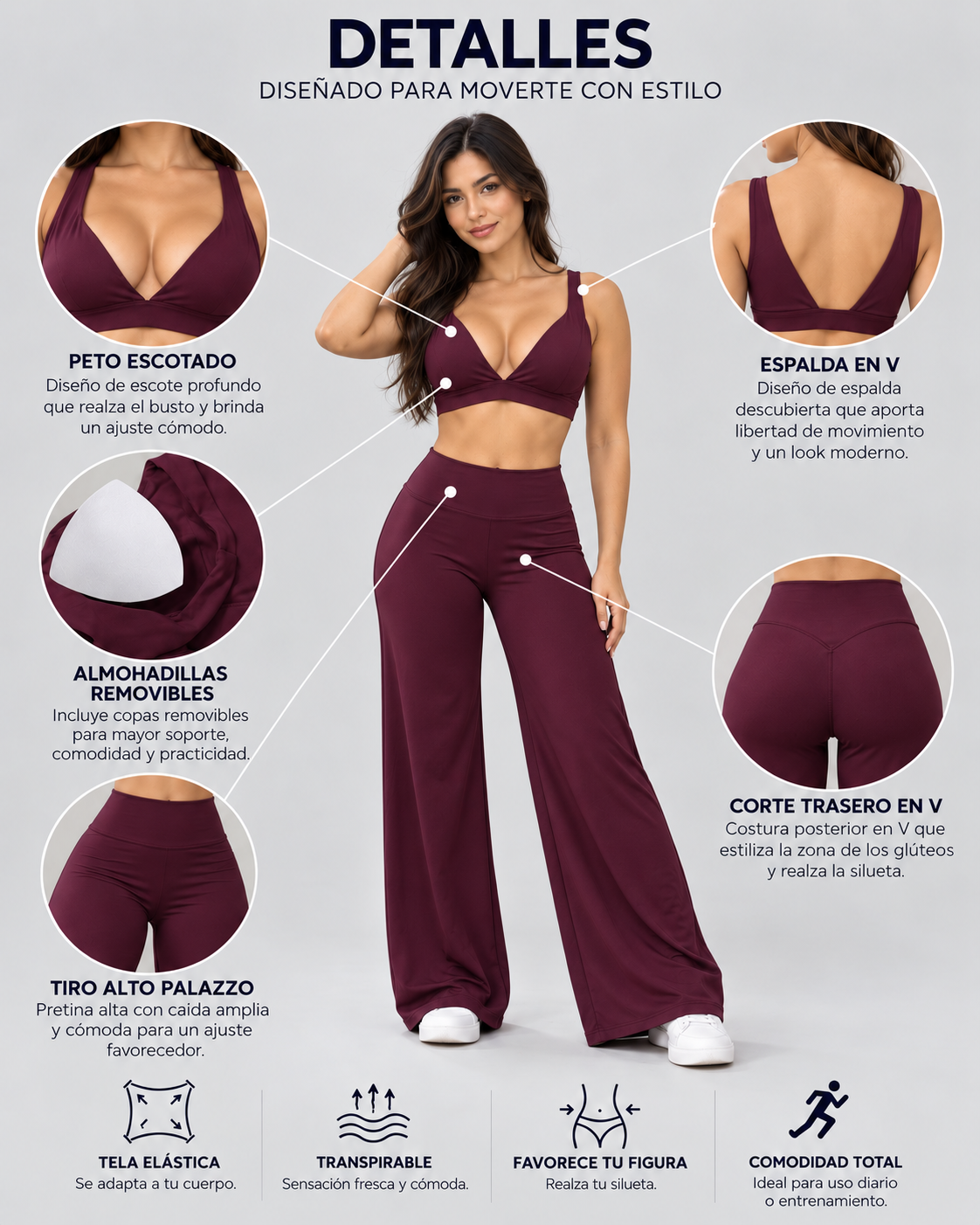 Set Mujer Palazzo Corte Corazón Top Peto Relleno Removible - YJ359