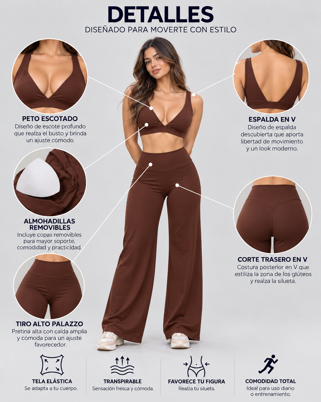 Set Mujer Palazzo Corte Corazón Top Peto Relleno Removible - YJ359
