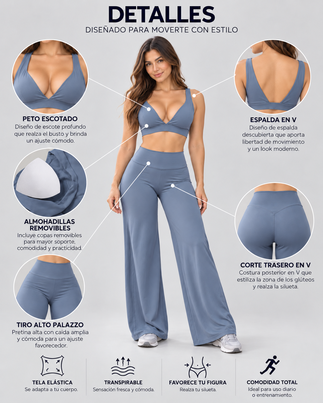 Set Mujer Palazzo Corte Corazón Top Peto Relleno Removible - YJ359