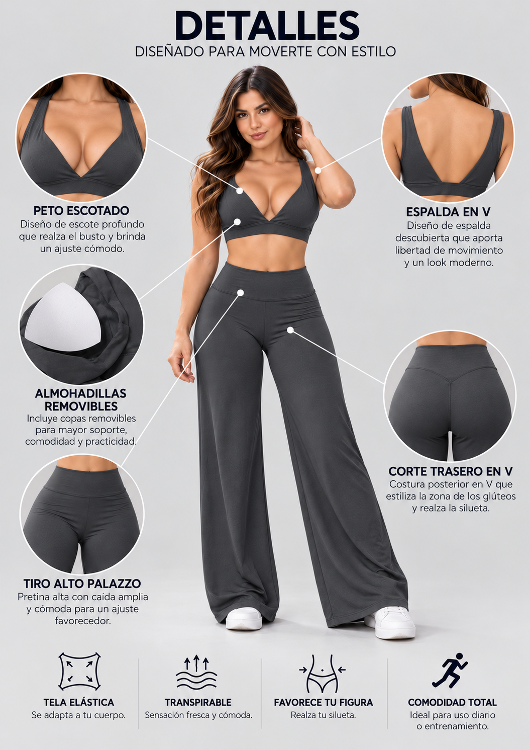 Set Mujer Palazzo Corte Corazón Top Peto Relleno Removible - YJ359