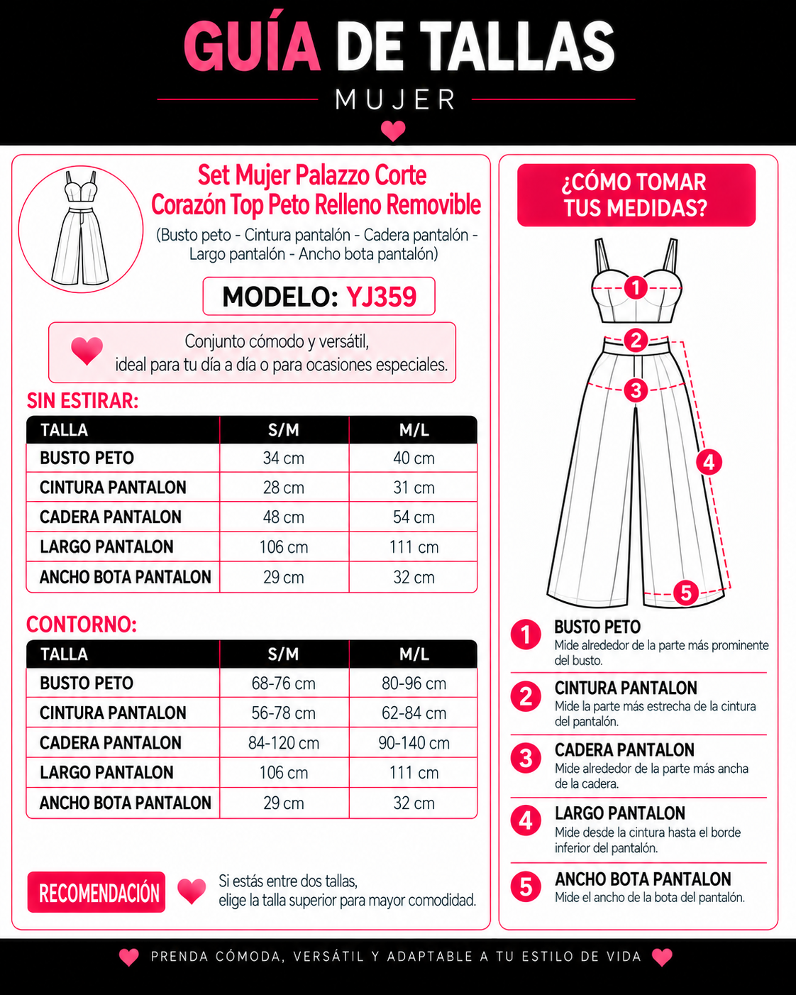 Set Mujer Palazzo Corte Corazón Top Peto Relleno Removible - YJ359