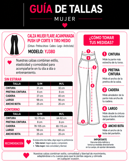 Calza Mujer Flare Acampanada Push Up Corte V Tiro Medio - YJ380