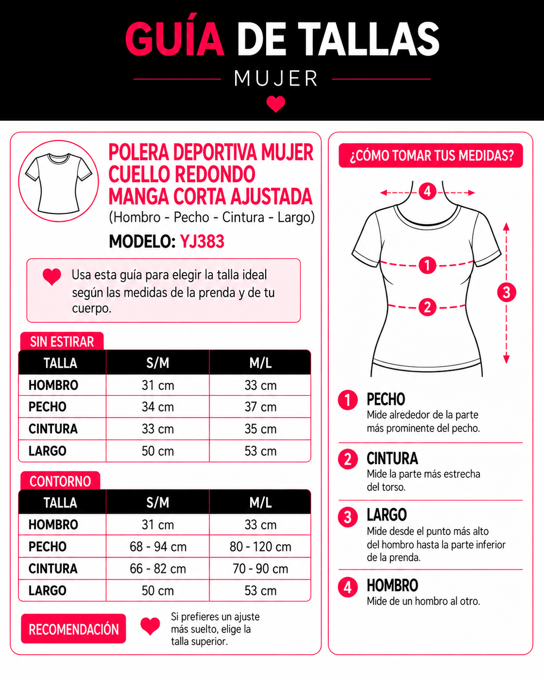 Polera Deportiva Mujer Cuello Redondo Manga Corta Ajustada - YJ383